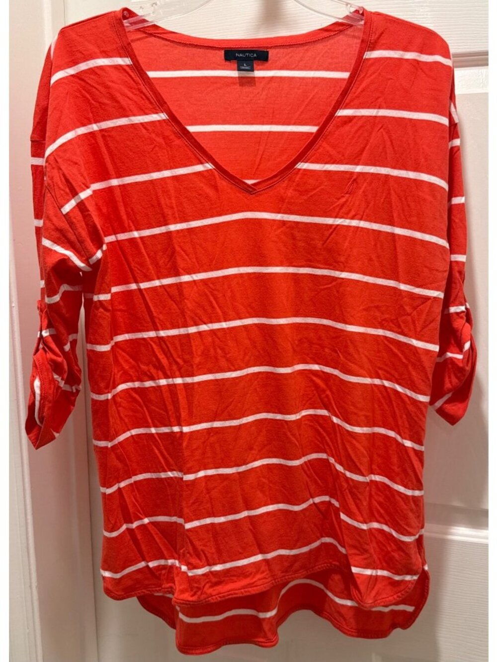 Nuatica womens Large orange white striped shirt tunic V-neck 3/4 sleeves cotton